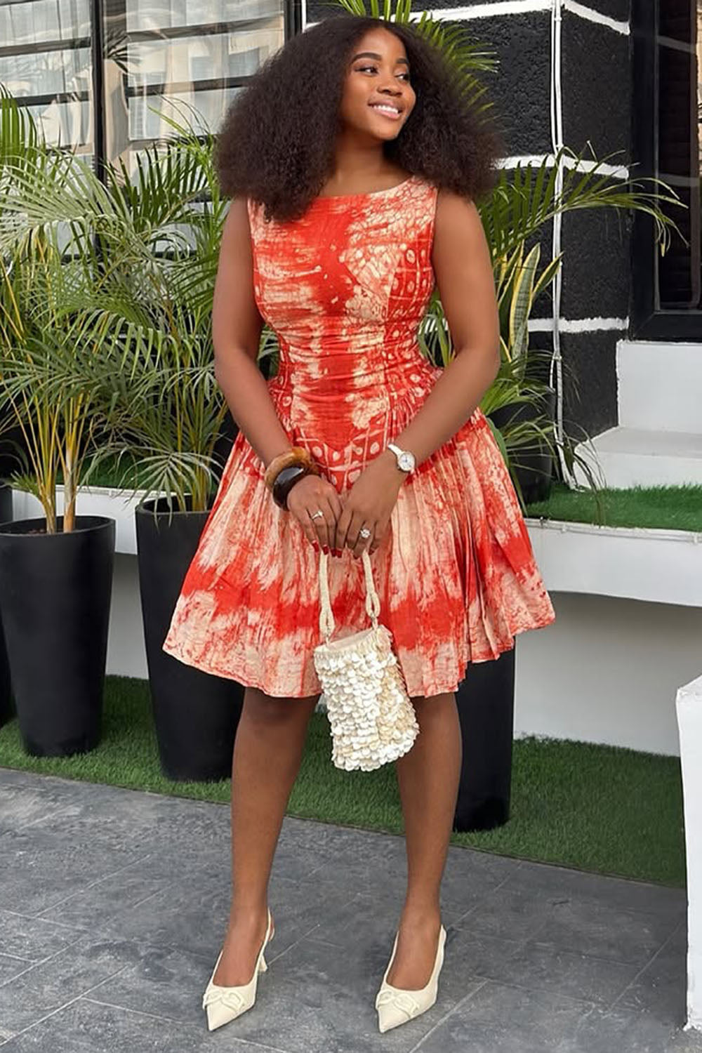 Boat Neck Retro Print Ruched Sleeveless Mini Dresses-Red