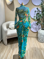 Elegant Women's Tie Dye Printed Two Piece Set Outfits, Wrap Crop Top + Ruched Maxi Skirt , Casual Beach Resort Birthday, Vacation Street Lady Two-Piece Set,Female Fashion 2 Piece Co-ord Set