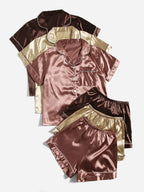 3sets Contrast Piping Satin Blouse & Shorts PJ Set / Pajama Set