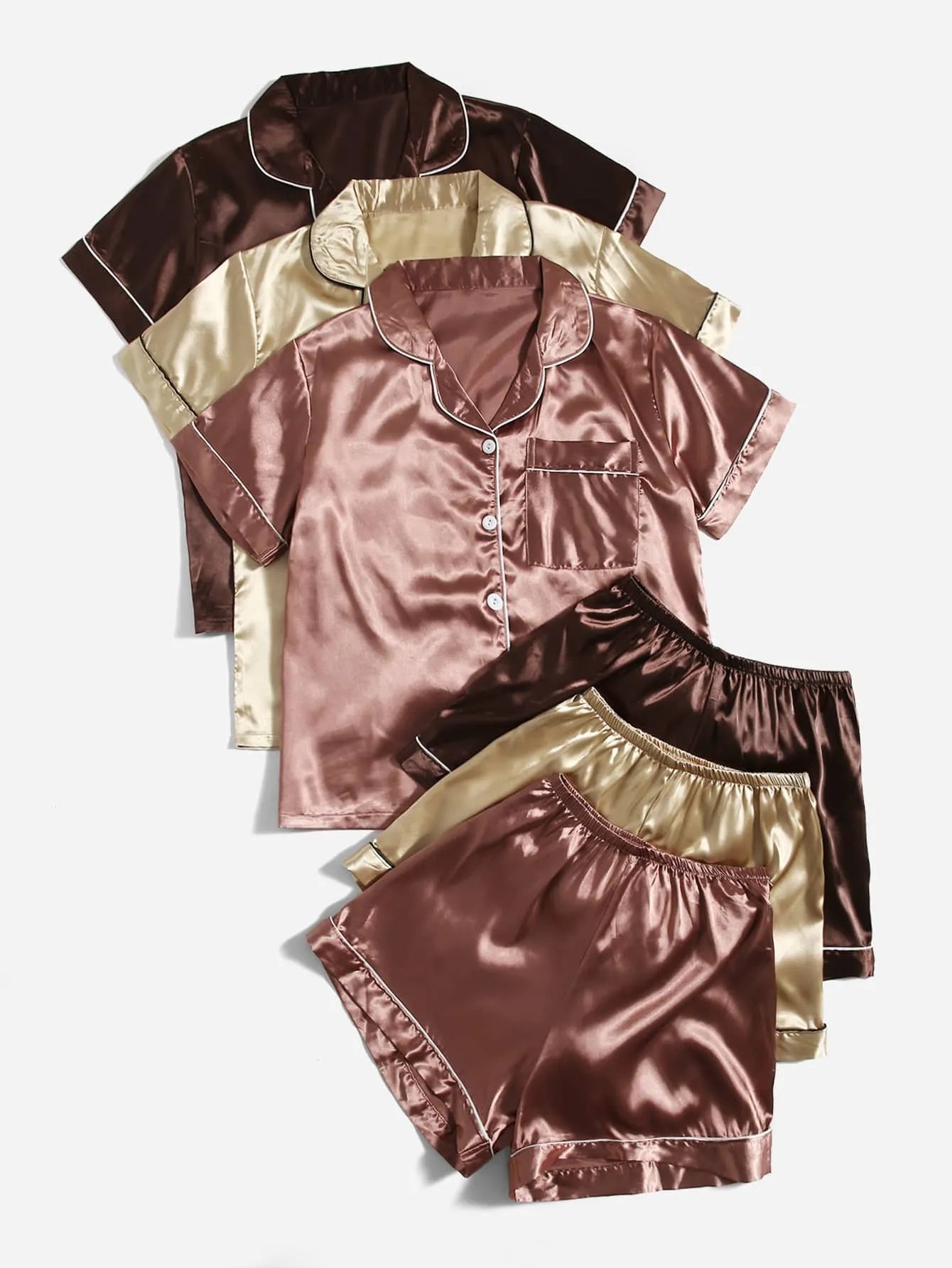 3sets Contrast Piping Satin Blouse & Shorts PJ Set / Pajama Set