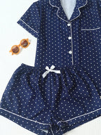 2pcs/Set Women's Mini Polka Dot Printed Pajama Set With Contrast Trim Button-Down Shirt And Bowknot Shorts, Perfect For Home Wear In Summer White Set,Two Pieces Set