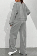 Zipper Long Sleeve Track Jacket Solid Color Wide Leg Pants Set-Black