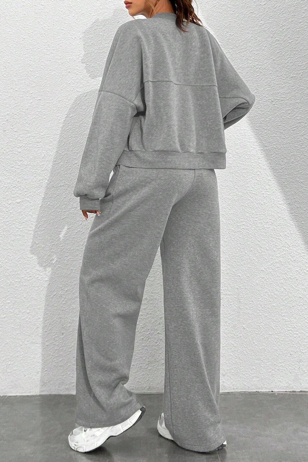 Zipper Long Sleeve Track Jacket Solid Color Wide Leg Pants Set-Black