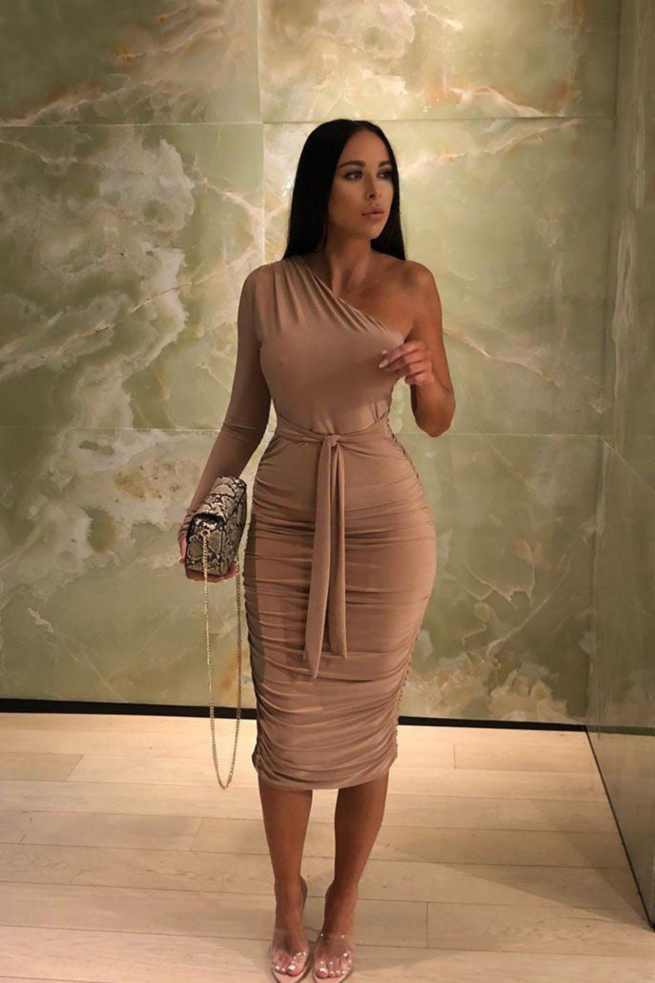 One Shoulder Ruched Slinky Midi Dress