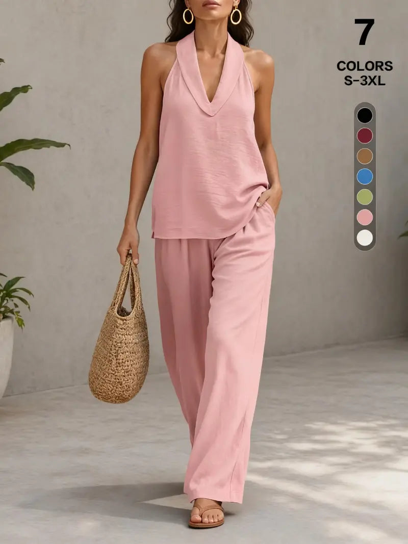 Comfy Chic Women's Summer Faux Linen Halter V-Neck Top & High Waist Wide Leg Pants Set - Breathable Everyday Urban Lounge Wear for Going Out