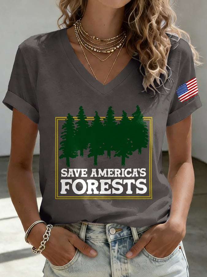 V-Neck Retro Save America's Forests Print T-Shirt
