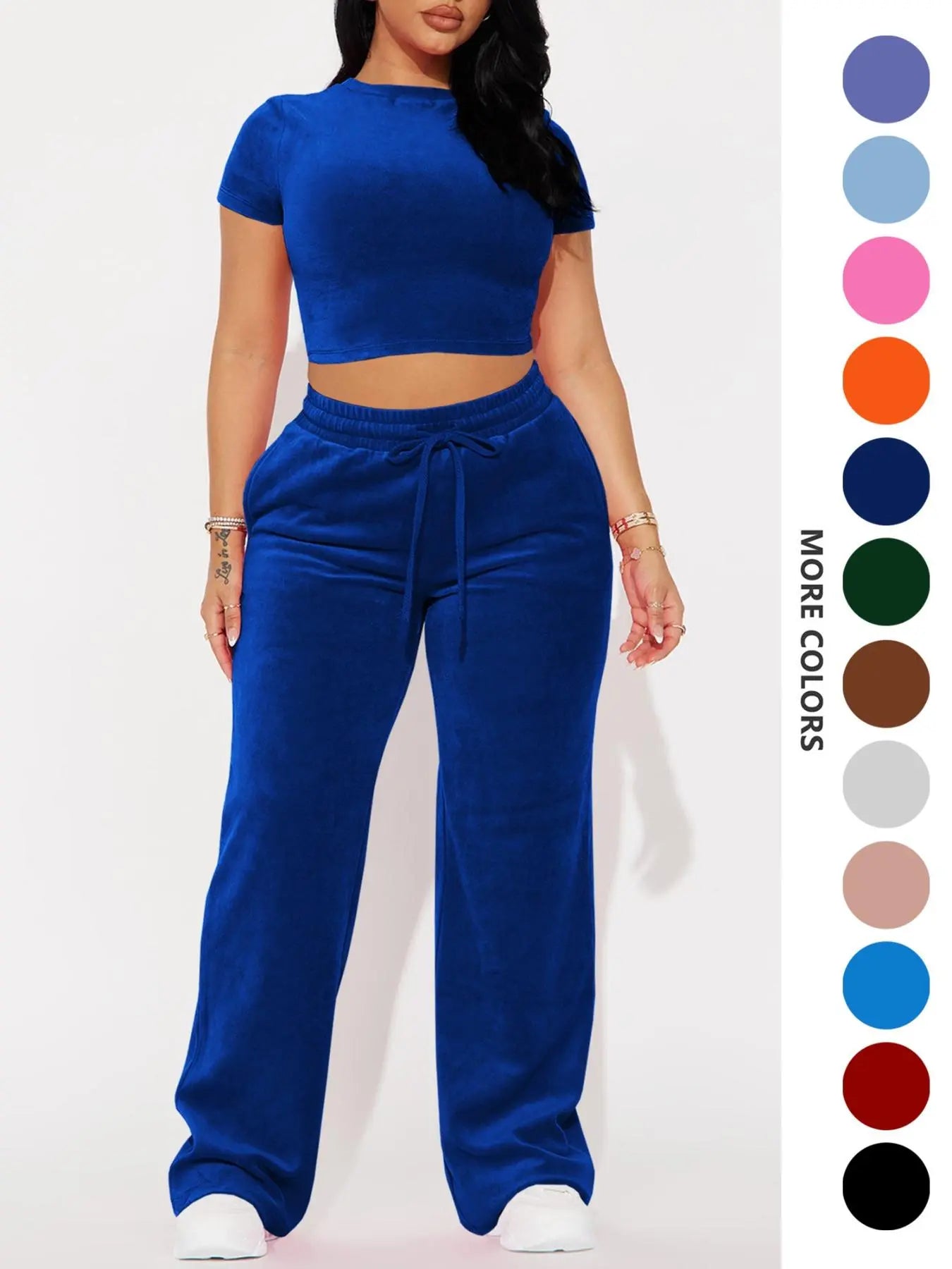 Two-piece Set Women's Solid Crop Tee & Drawstring Waist Pants Velvet Set, Casual Short Sleeve Round Neck T-shirt & Elastic Waist Trousers, Ladies Summer Clothes, Casual Matching Set