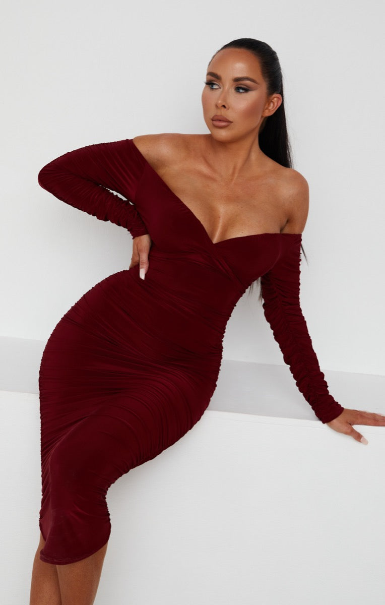 Ruched Bardot Long Sleeve Bodycon Mini Dress