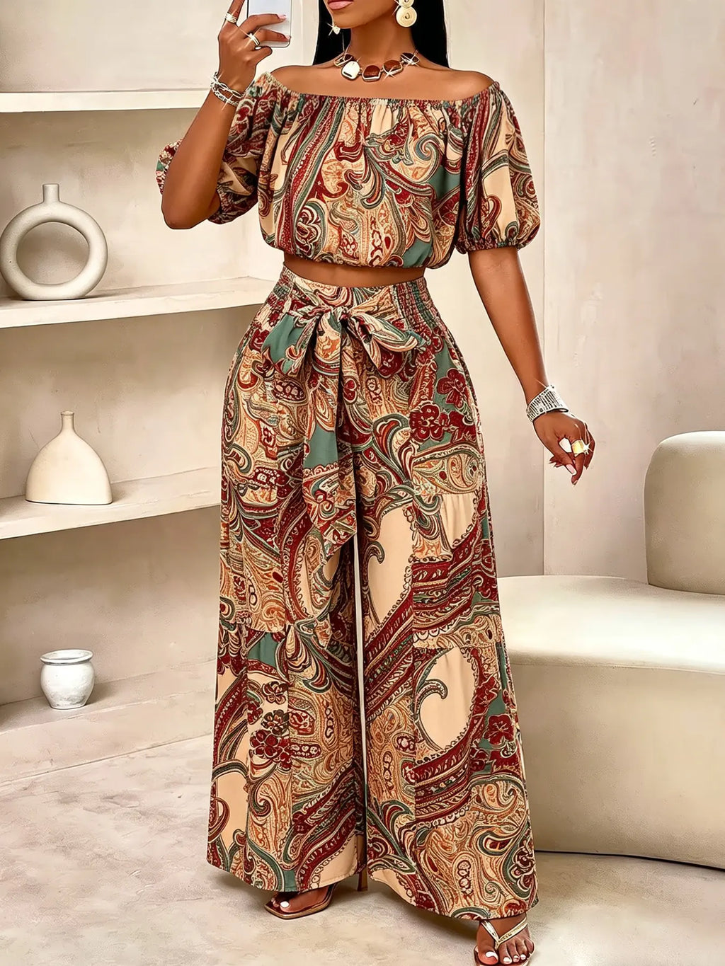 Women's Summer Paisley Print Vintage Vacation Two-Piece Set, Off-Shoulder Bubble Sleeve Crop Top + High Waist Drawstring Wide Leg Pants