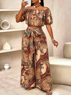 Women's Summer Paisley Print Vintage Vacation Two-Piece Set, Off-Shoulder Bubble Sleeve Crop Top + High Waist Drawstring Wide Leg Pants