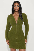 Zakia Zip Front Sweater Mini Dress - Brown