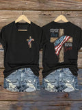 Women's Stand For The Flag Kneel For The Cross Printed Casual T-Shirt