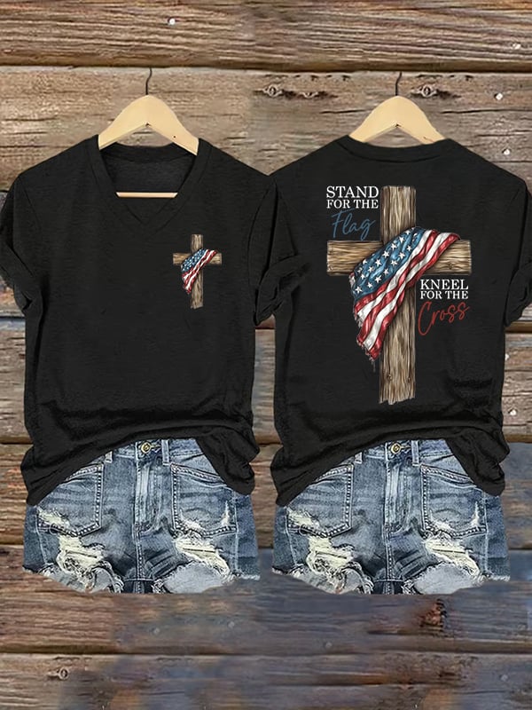 Women's Stand For The Flag Kneel For The Cross Printed Casual T-Shirt