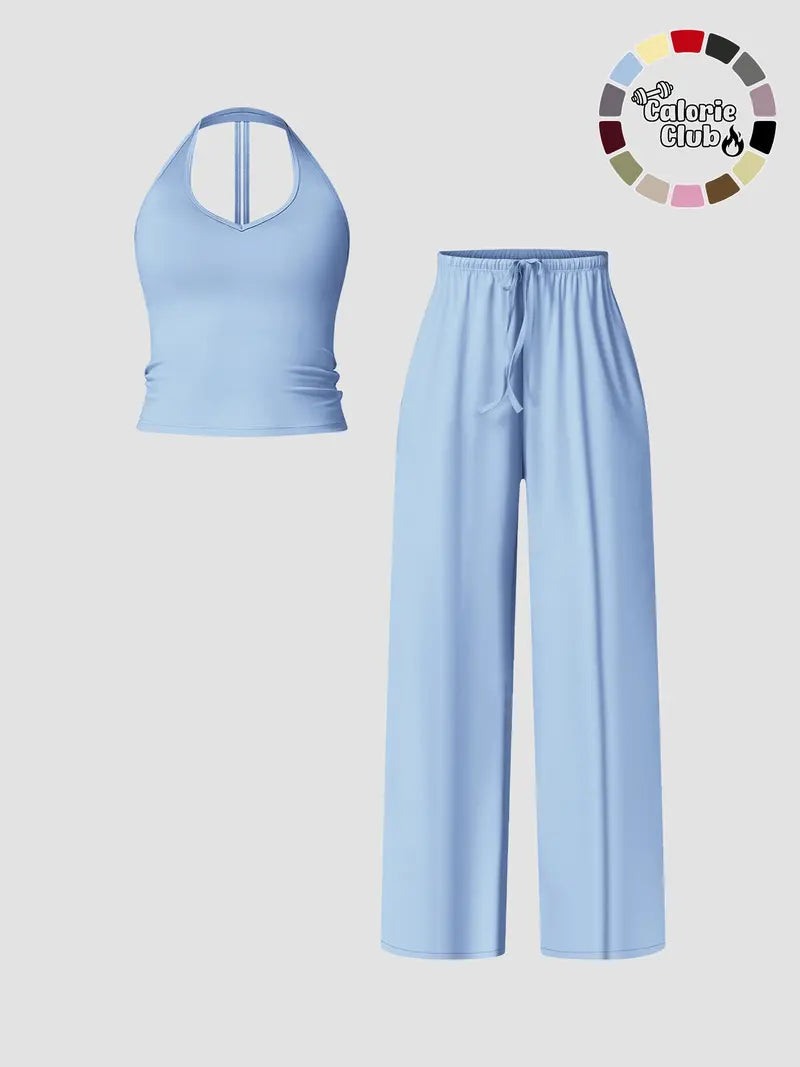 Women's Solid Crop Tank Top & Wide Leg Pants Set
