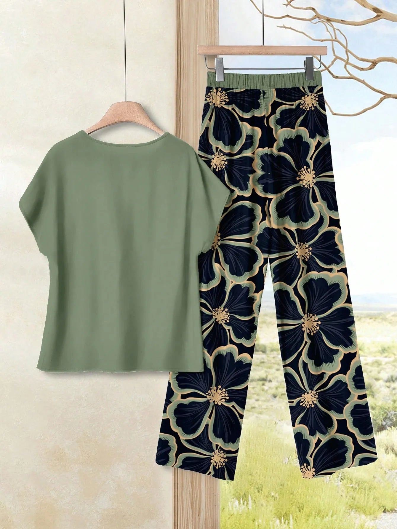 Women's Navy Blue Floral Summer Boho Casual Vacation Holiday 2 Pieces Outfits Plants-Pattern Pants And Round Neck Batwing Sleeve Blouse Woven Set
