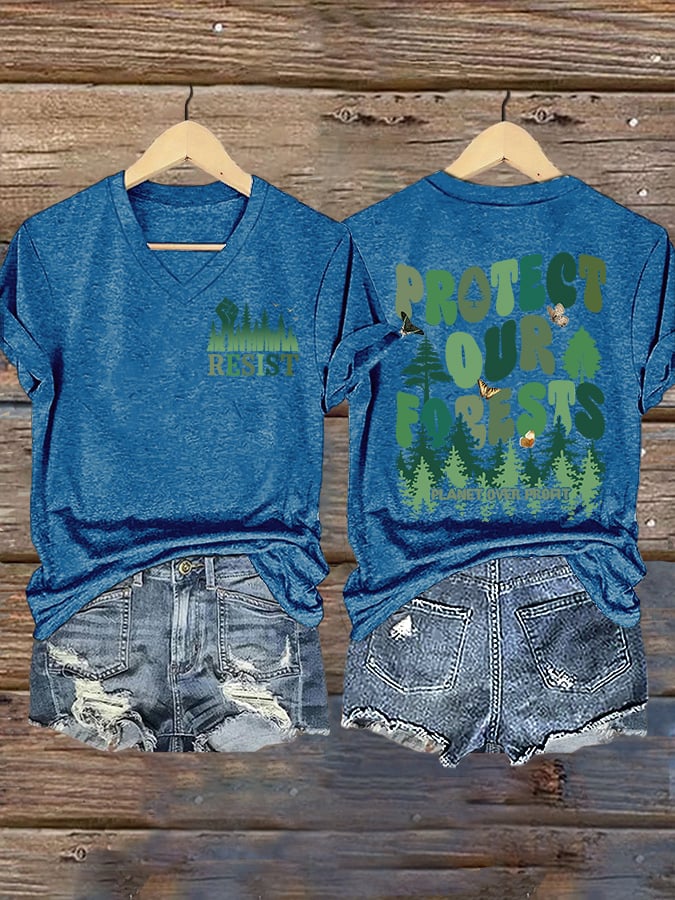 V-Neck Retro Resist Protect Our Forests Planet Over Profit Print T-Shirt