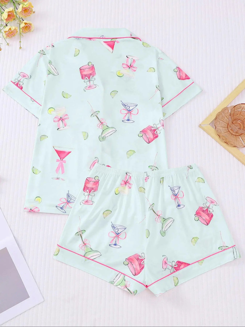 Women's All-Over Cocktail Print Button Front Shirt & Elastic Waist Shorts Pyjama