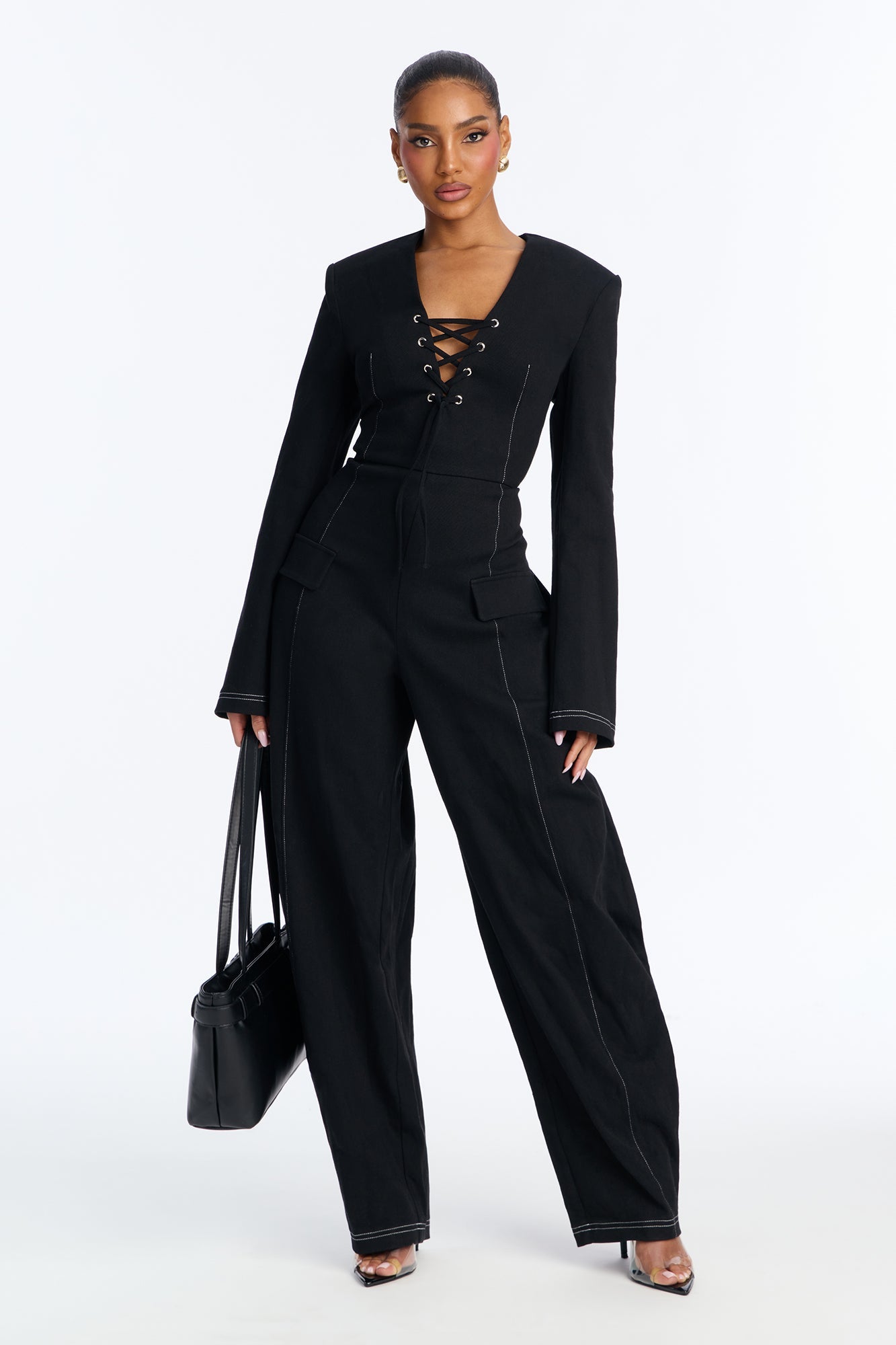 Dasha Twill Lace Up Barrel Jumpsuit - Black
