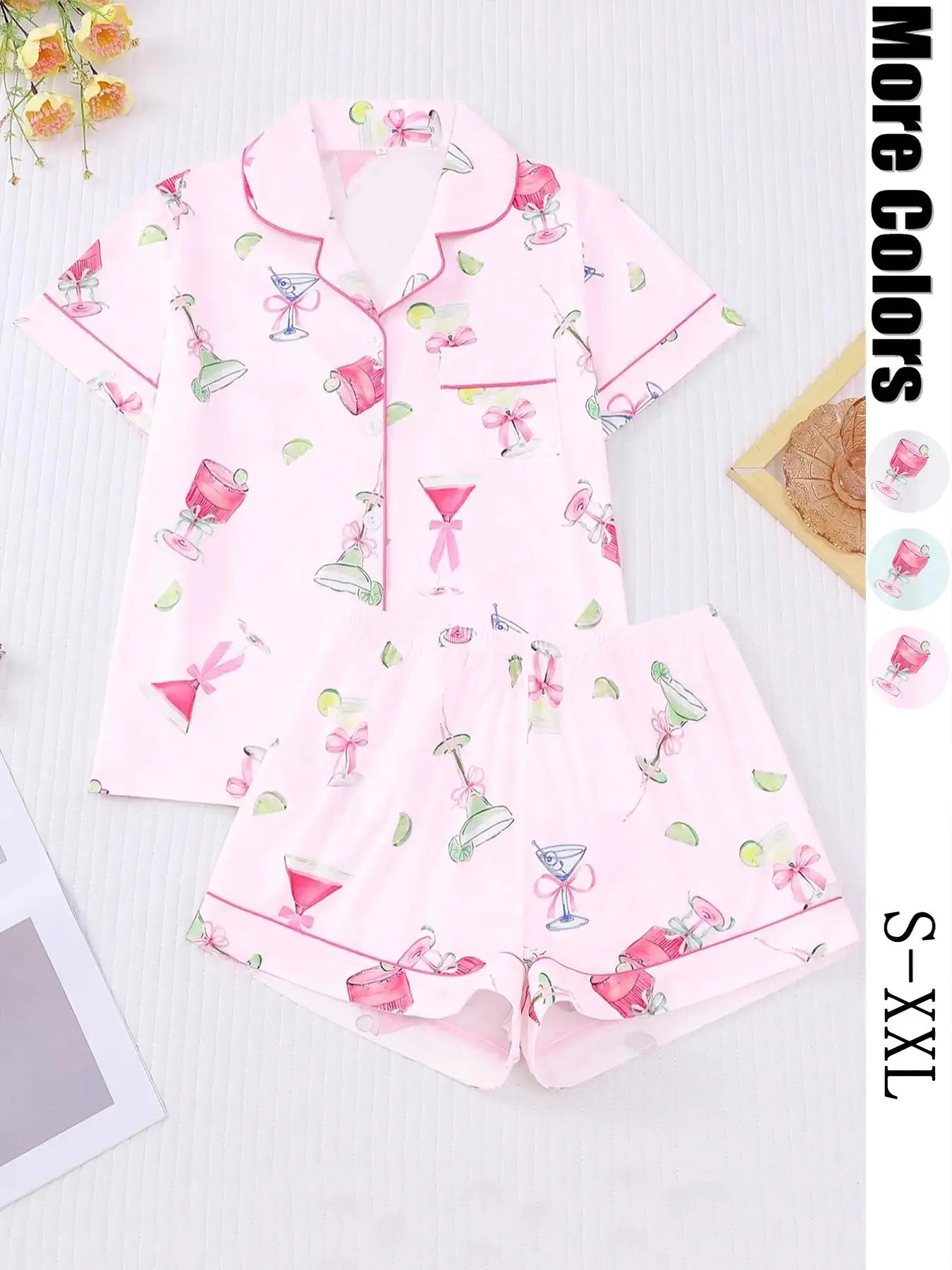 Women's All-Over Cocktail Print Button Front Shirt & Elastic Waist Shorts Pyjama