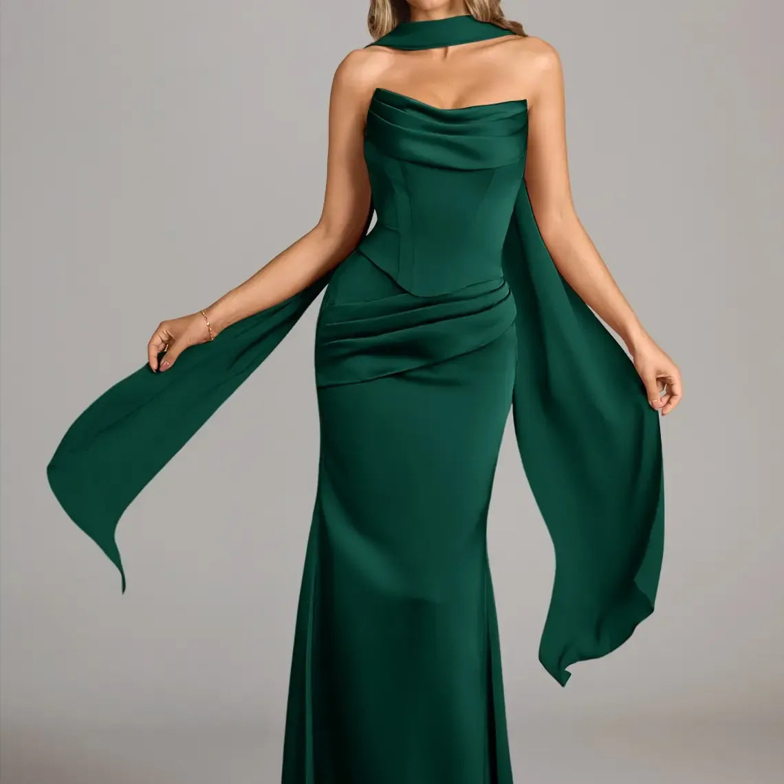 Azazie Sorrel Corset Lace-up Mermaid Wedding Guest Evening Luminous Satin Maxi Dress Minimalist