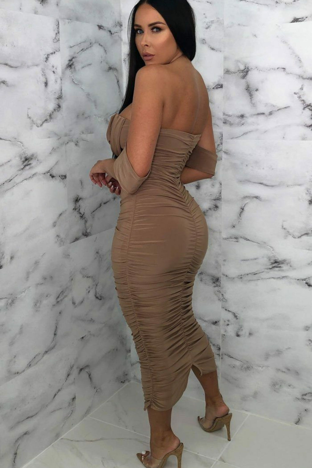 Bardot Cowl Neck Ruched Midi Dress