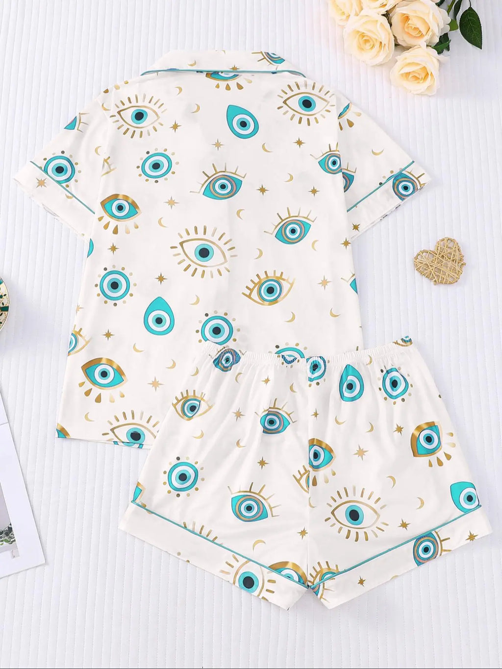 Women's All Over Cartoon Eye Print Short Sleeve Two-Piece Set