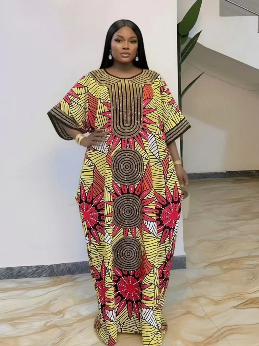 New high-end party rhinestone loose large-size casual traditional ethnic boubou kaftan women's dress Style, elegant and classy, plus-size party, holiday, daily wear, women's beach vacation summer dress with scarf and pockets 2026 Print