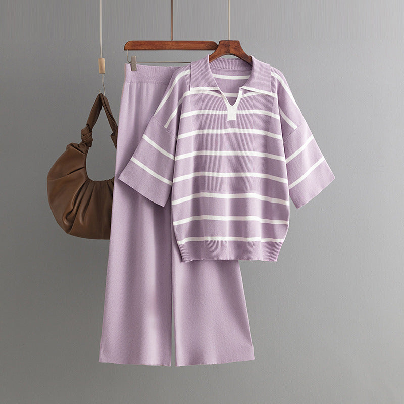 Stylish Striped Top & Solid Color Wide Leg Pants Two-Piece Set
