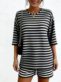 Women's Casual Loose Oversized Striped Set, Summer Short Sleeve Tee & Shorts, Airport Outfit, Home Wear, Sportswear, Fashionable Women's Clothing, Summer Lounge Sets