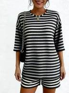 Women's Casual Loose Oversized Striped Set, Summer Short Sleeve Tee & Shorts, Airport Outfit, Home Wear, Sportswear, Fashionable Women's Clothing, Summer Lounge Sets
