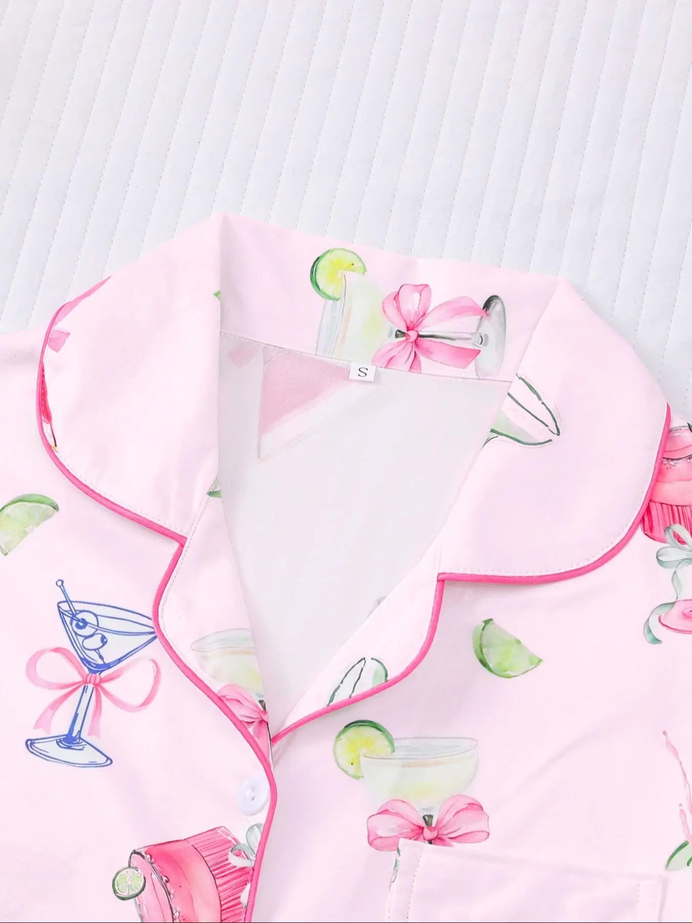 Women's All-Over Cocktail Print Button Front Shirt & Elastic Waist Shorts Pyjama