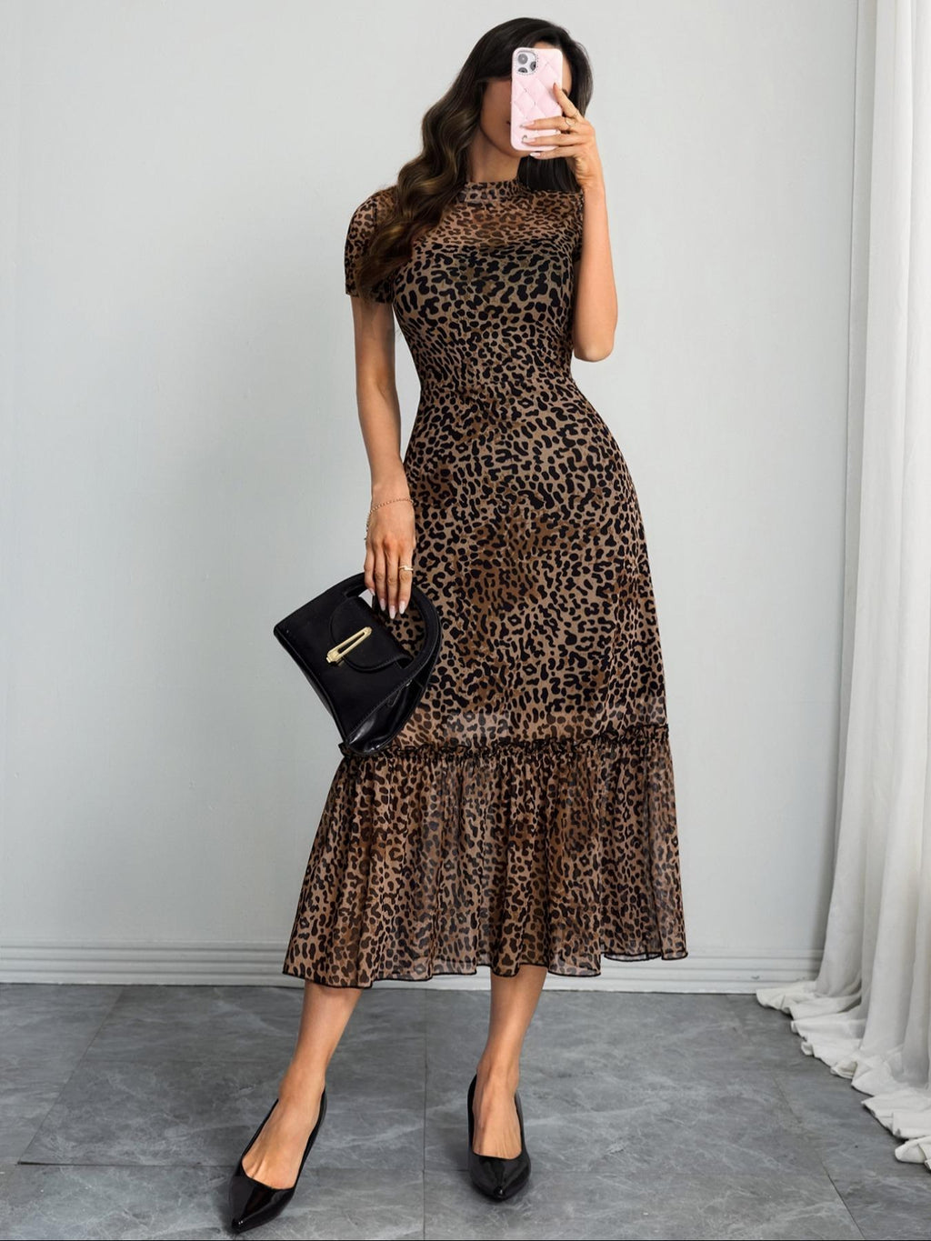 Women's Sexy Leopard Print Elegant Round Neck Mesh Skirt Dress, Stylish Casual Fashion, Perfect for Parties and Daily Wear