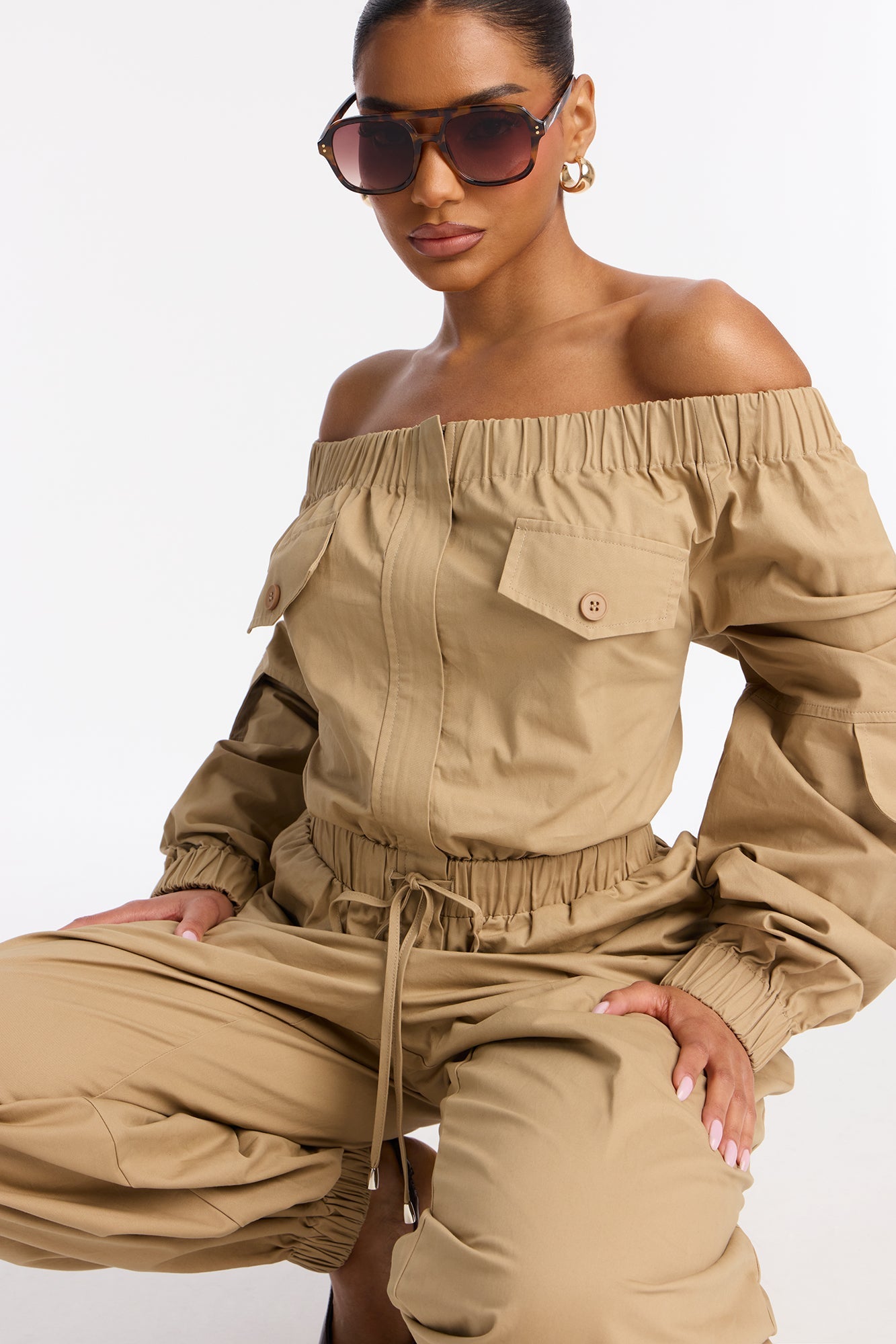 Tasha Off Shoulder Balloon Leg Jumpsuit - Black