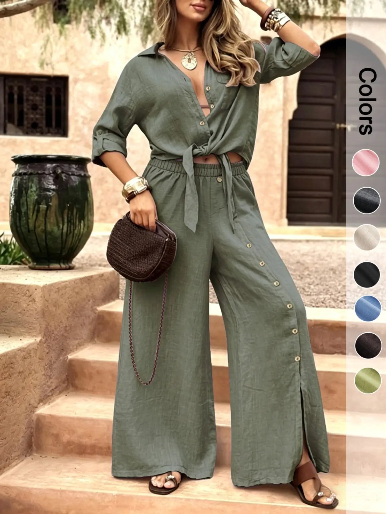 Women's Two-Piece Vacation Style Shirt and Pants Set, Tie-Down Hem Shirt with Fake Button Decoration, Wide Leg Pants Set, Loose