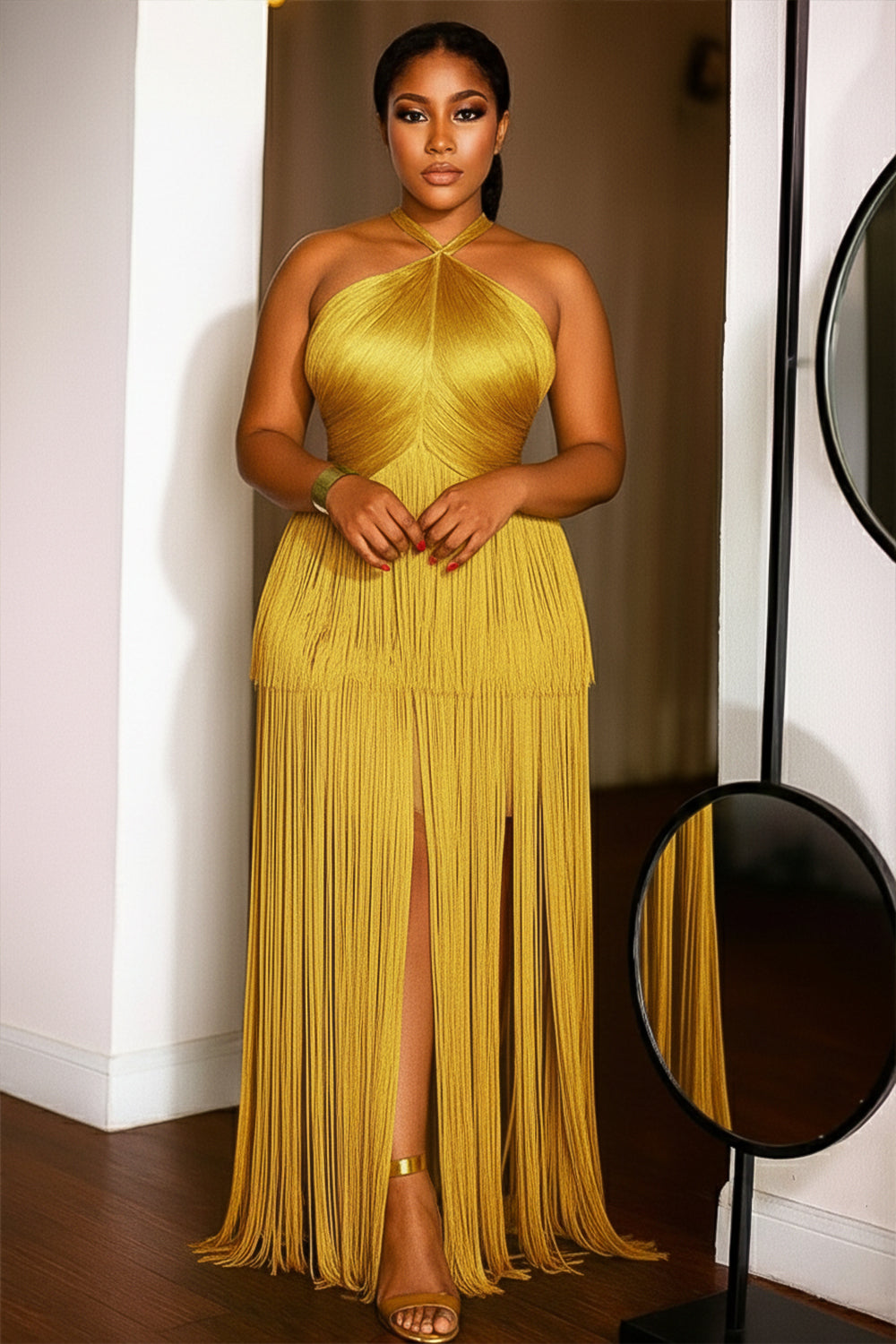 Halter Neck Cinched Fringe Hem Solid Party Maxi Dresses-Green [Pre Order]