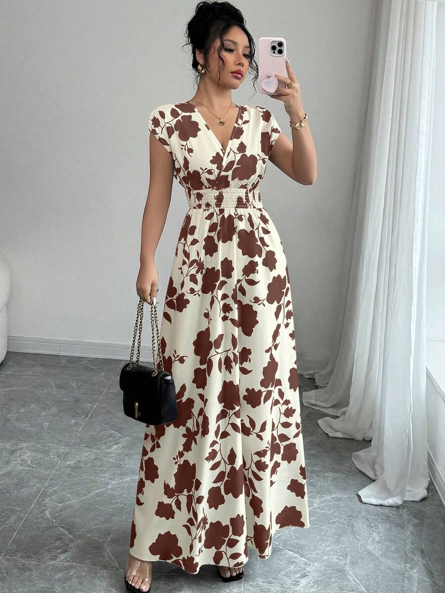 Elenzga Women V-Neck Allover Print Casual Long Dress