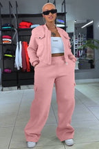 Pockets Crop Jacket Solid Color Straight Leg Pants 2pcs Set-Yellow