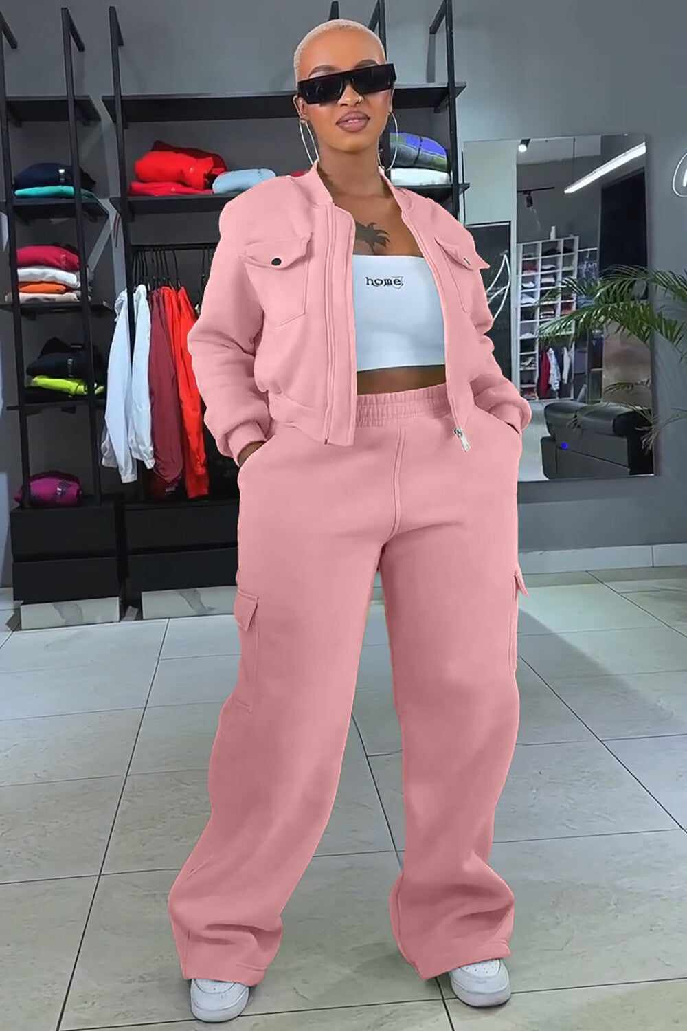 Pockets Crop Jacket Solid Color Straight Leg Pants 2pcs Set-Yellow