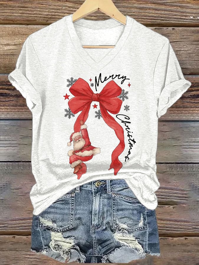V-Neck Retro Merry Christmas Bow Santa Claus Snowflakes Print T-Shirt