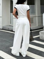 Hot-girl Style Contrast Binding Short Top and Letter Tape Wide Leg Pants, Women's Black & White Two-piece Set