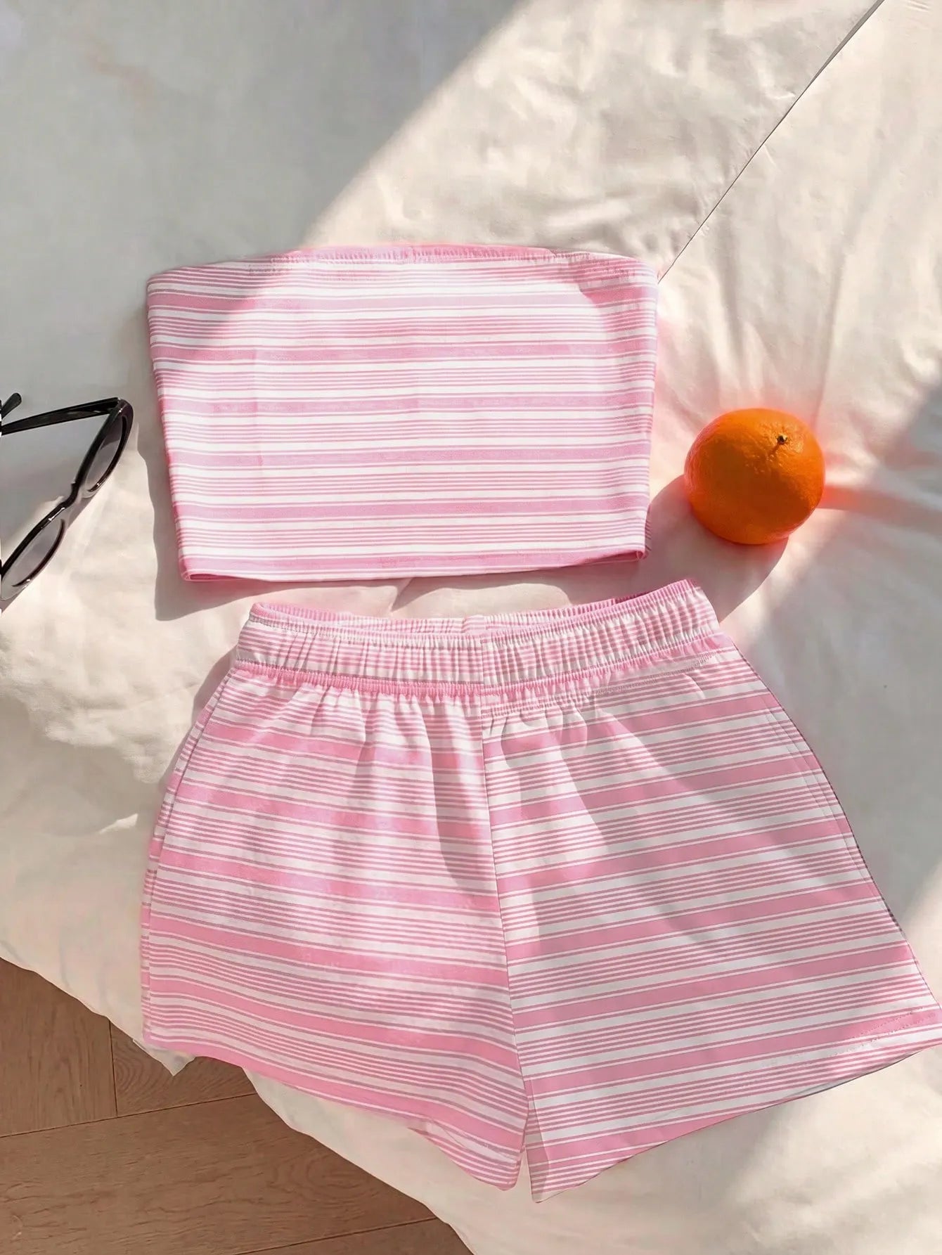 Comfortcana Women Summer Outfit,Pink And White Striped Tube Top & Shorts 2-Piece Set,Cute Casual Minimalist Everyday Versatile Resort Beach Outfit For Ladies