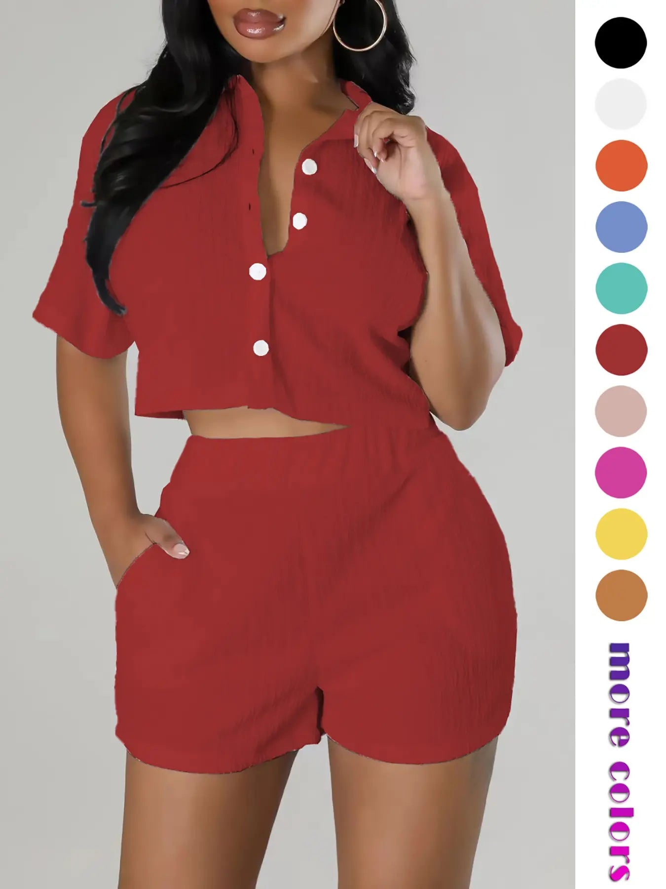 Two-piece Set Women's Textured Button Front Shirt & Elastic Waist Shorts Set, Chic Versatile Short Sleeve Collared Top & Pocket Design Shorts, Casual Style Two-piece Outfits for Women, Womenswear, Matching Clothing Set