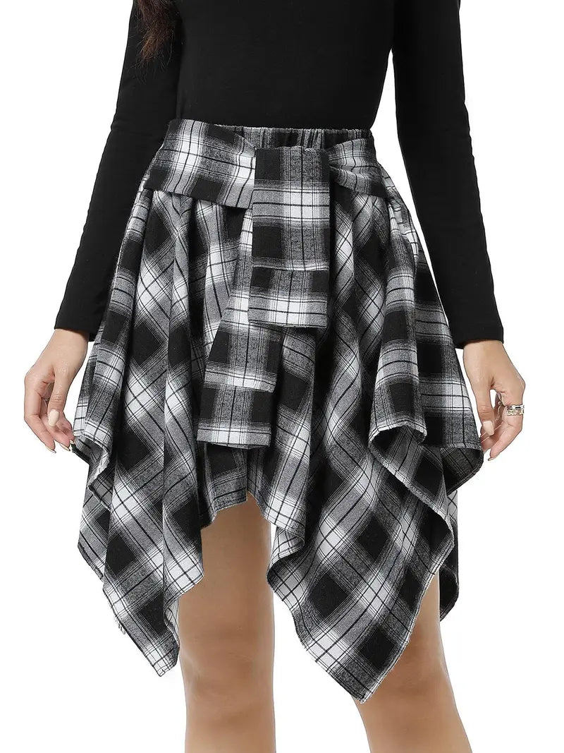 Women's Fashion Woven Plaid Print Asymmetrical Hem High Waisted Skirt