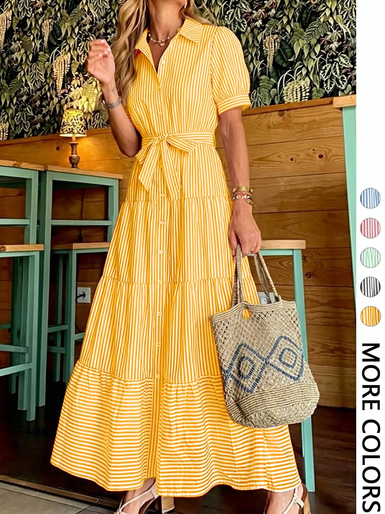 Women's Striped Print Adjustable Belted Button Dress, Elegant Chic Casual Fashion Long Dress for Summer, Breathable Lightweight Dress, Women's Clothing for Daily Wear, Fit, Womenswear, Maxi