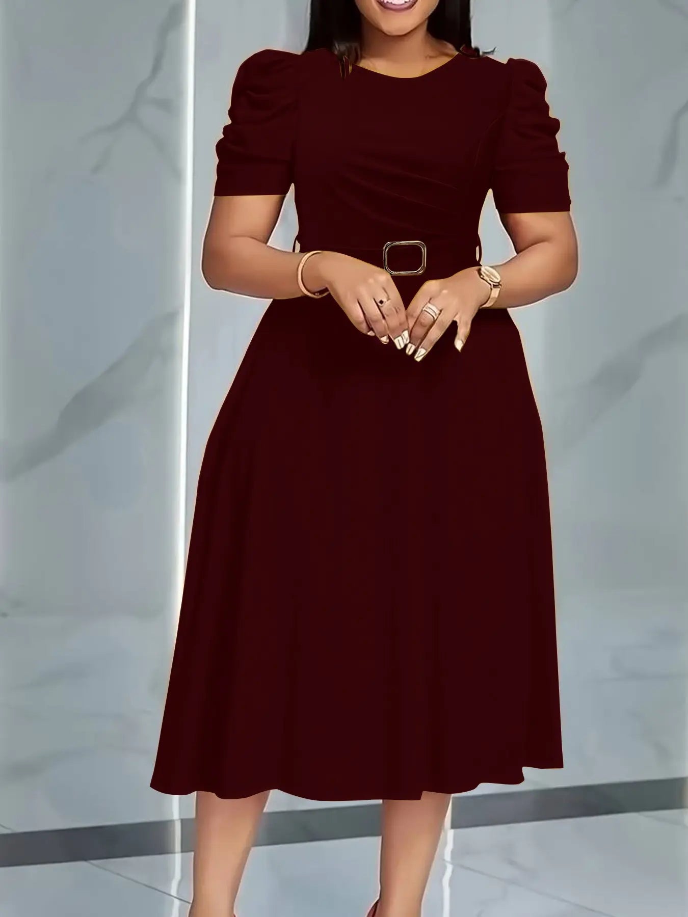 Summer Camel Bubble Sleeve Midi Dress with Waist Belt