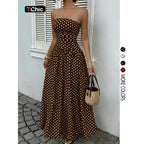 Women's Elegant Chic Fashion Polka Dot Strapless Dress, Stylish Sleeveless Maxi Dress for Parties and Casual Wear
