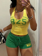 StreetHx Women 2-Piece Set:Yellow Vest Top,Blue Shorts.HypeZone-D Spaghetti Strap Camisole,Letter Print,Slim Fit For Gym,Summer,Y2k,Sports,Beach Outfits