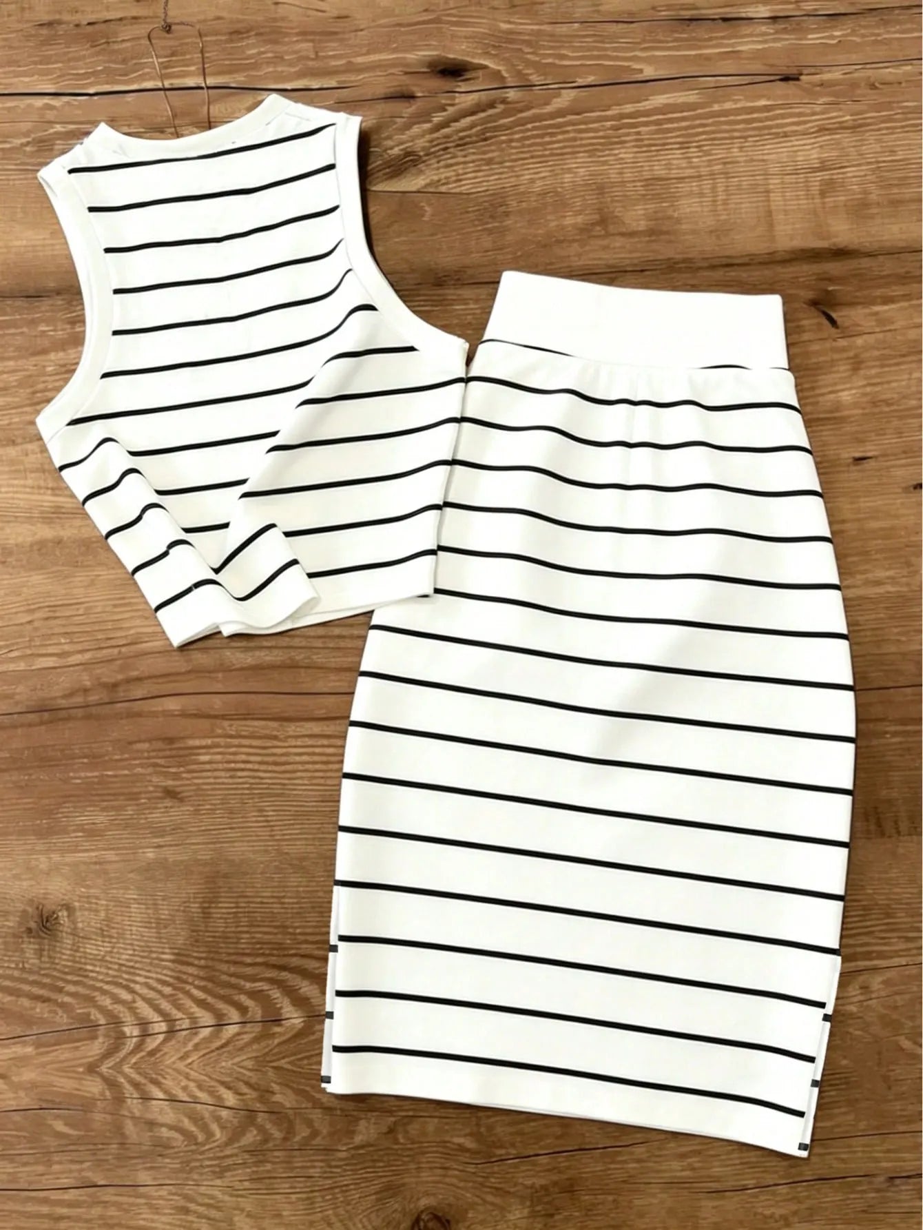 UREREM Women's Striped Contrast Color Casual Elegant Party Ribbed Slit Beach Vest And Skirt 2-Piece Set Summer