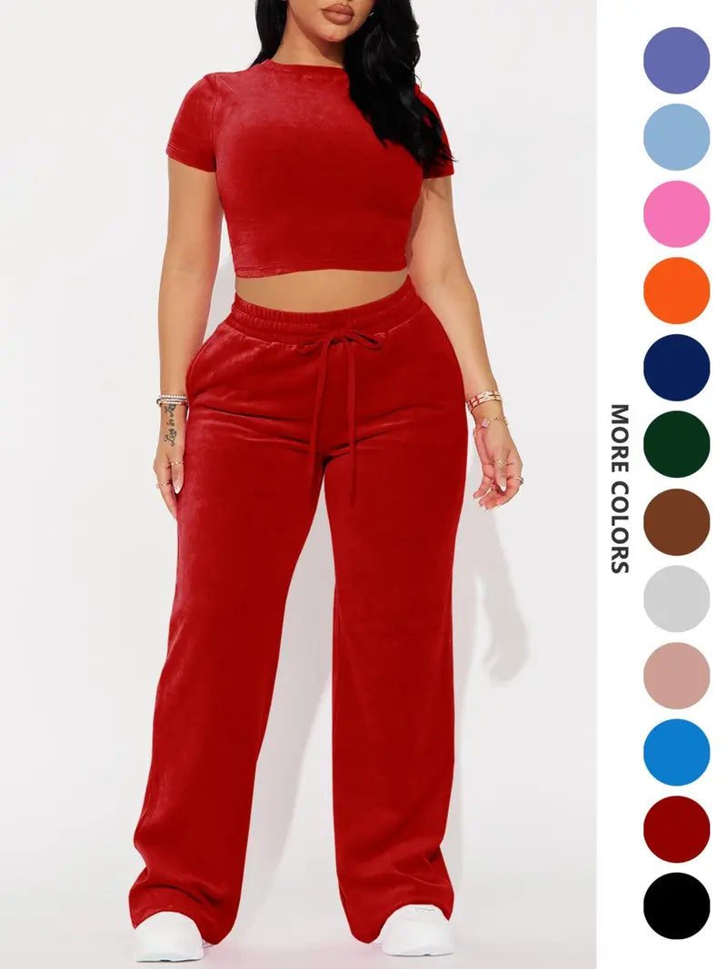 Two-piece Set Women's Solid Crop Tee & Drawstring Waist Pants Velvet Set, Casual Short Sleeve Round Neck T-shirt & Elastic Waist Trousers, Ladies Summer Clothes, Casual Matching Set