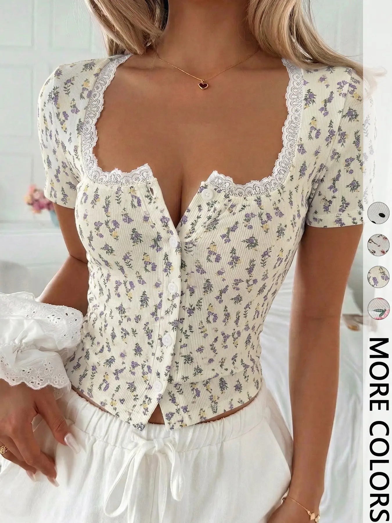 Sweetheart Neck Floral Lace Crop Top for Women